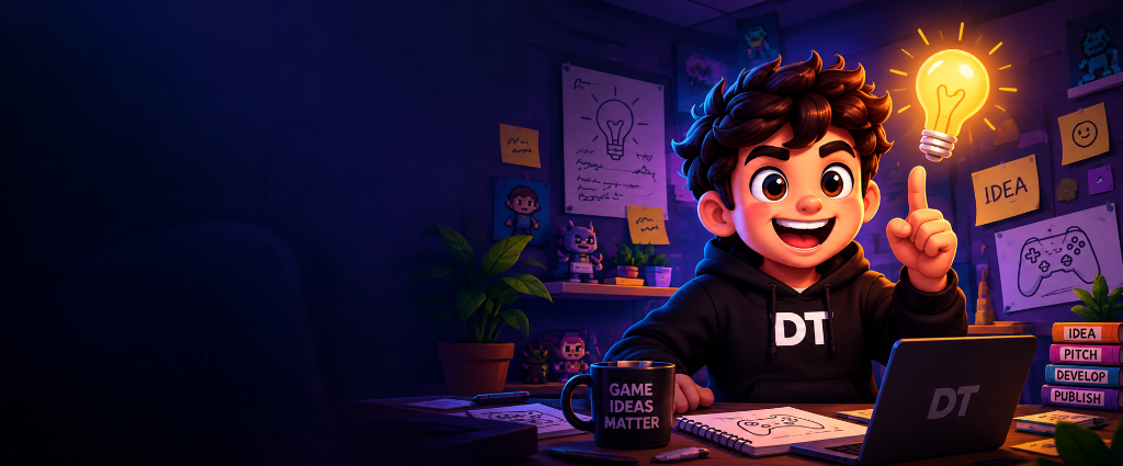 DT Games Mascot With Glowing Idea Bulb